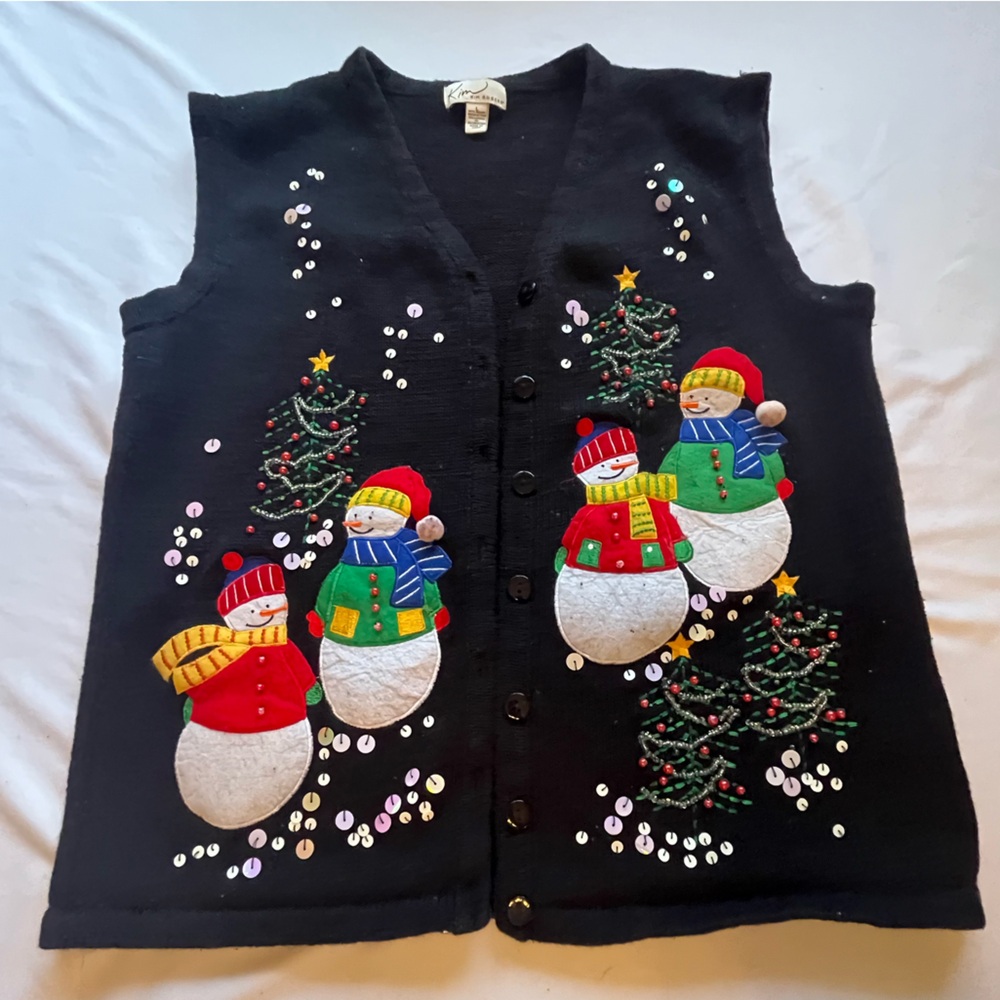 Kim Rogers Black Sequin Snowman Holiday Cardigan Vest